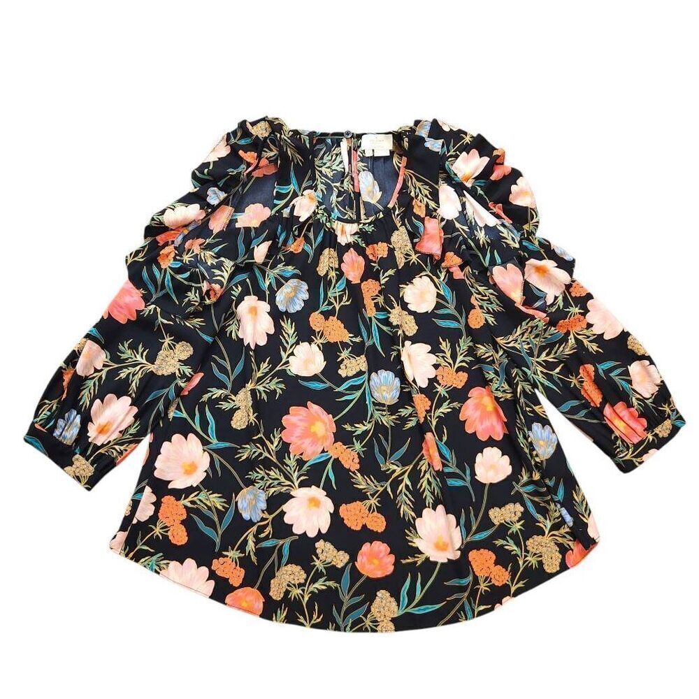 kate spade new york Blossom-Print Cold-Shoulder Top Black Floral Flowers XXS
